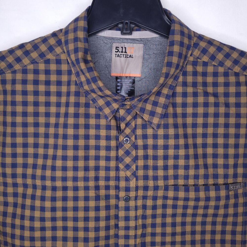 5.11 Tactical Shirt Mens 2XL Gingham Navy, Brown Echo Button Down